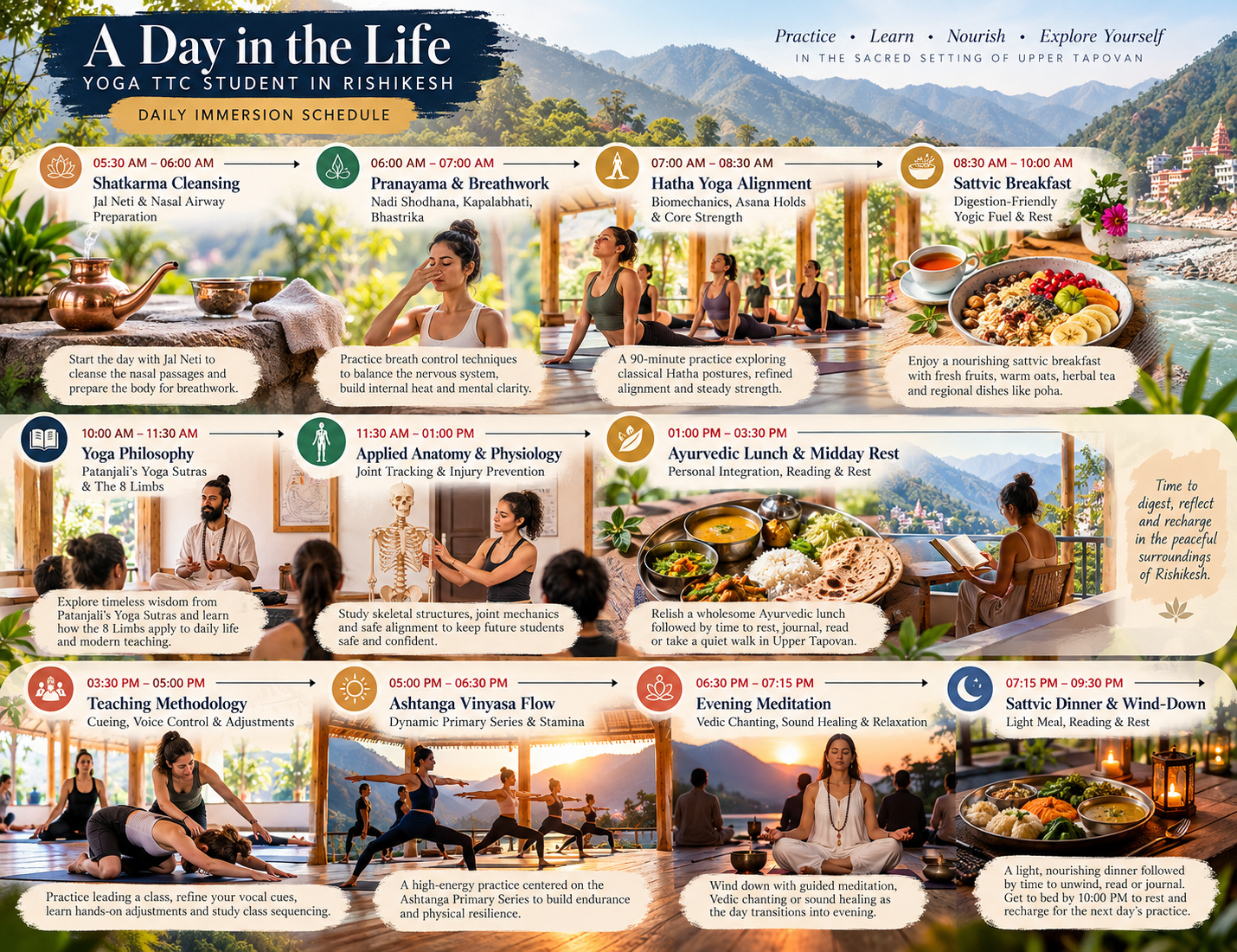 Infographic summarising typical daily schedule of a yoga ttc student in rishikesh